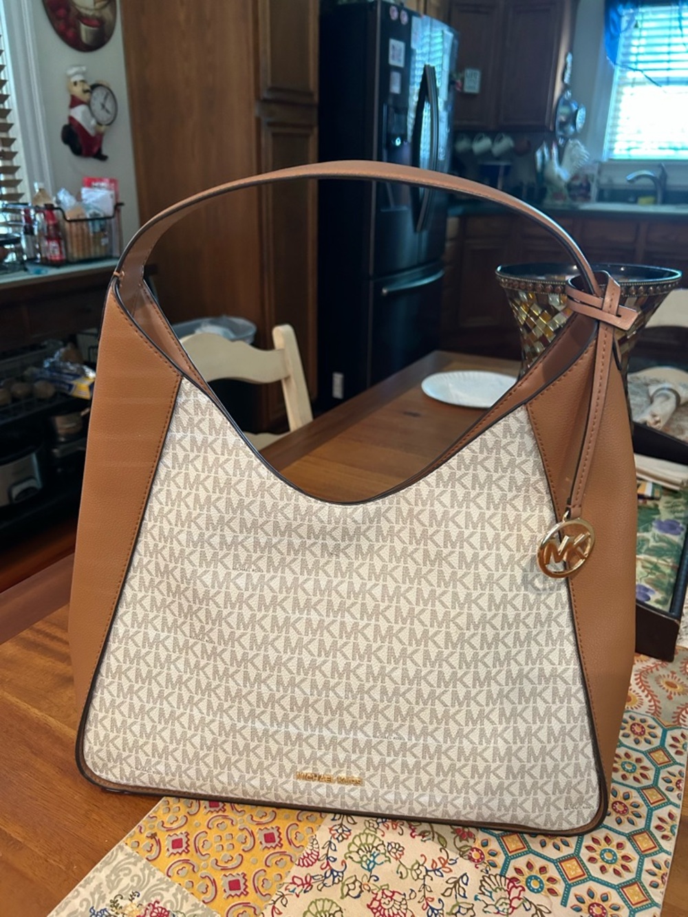 Michael Kors Vanilla Signature MK Hobo with Tan Trim